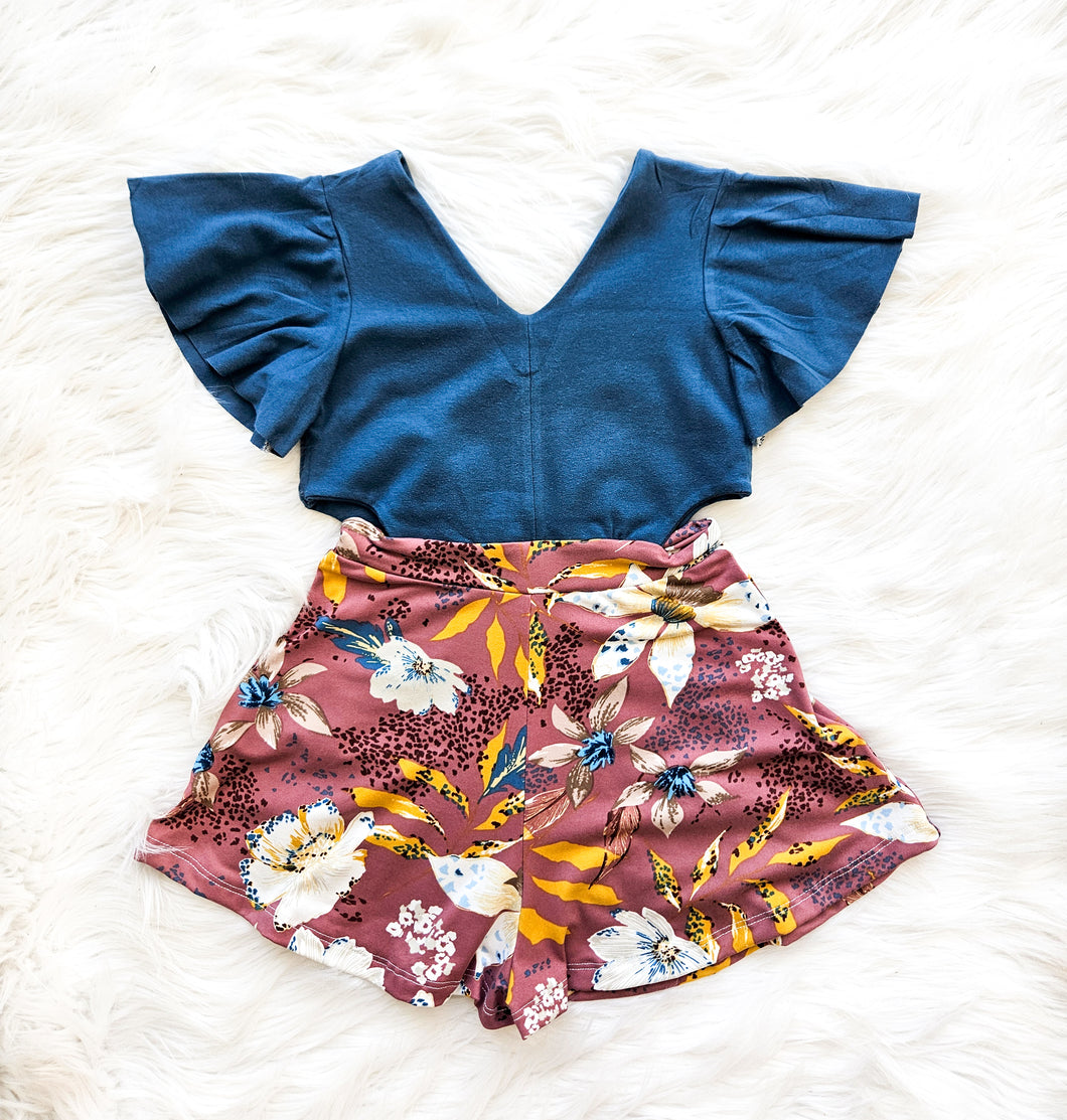 Peacock Blue Purple Floral Flowy Romper