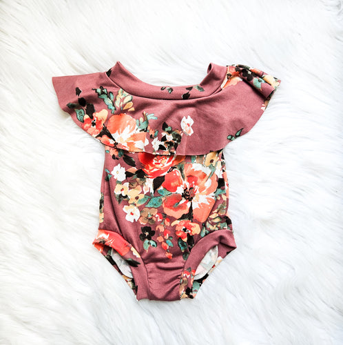 Mauve Floral Flounce Onesie