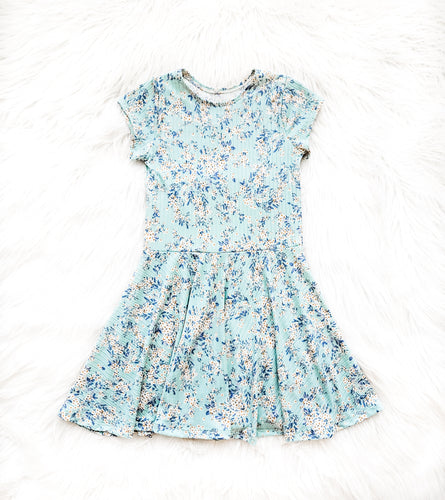 Blue Floral Ribbed Twirl Dress